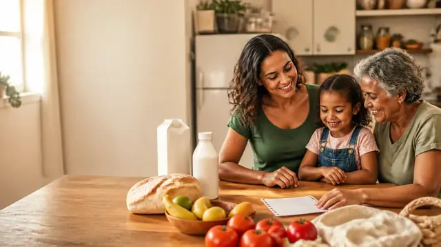 Mãe, filha e avó à mesa da cozinha, com pão e frutas, combinando a lista de compras