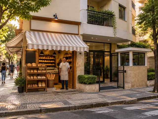 Uma esquina de bairro, com uma padaria e o padeiro na porta